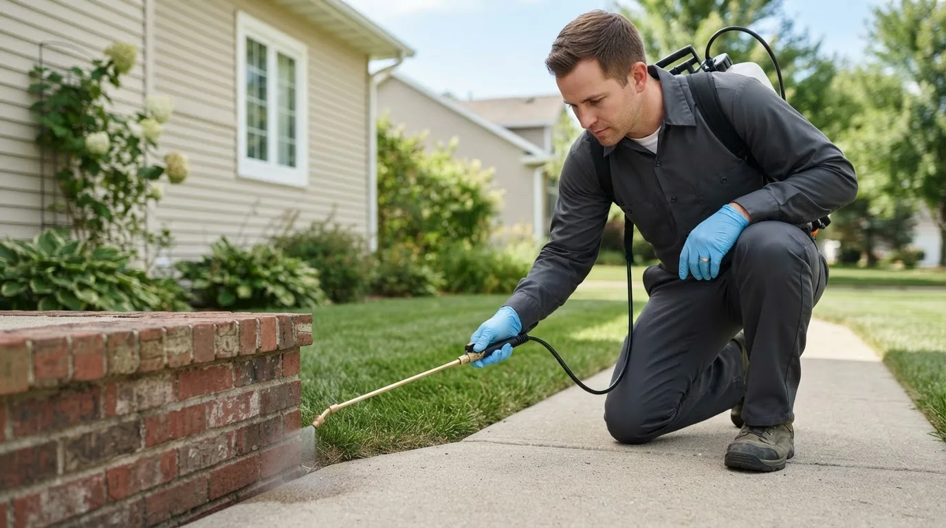 Pest control technician treating a home near Cynthiana, IN
