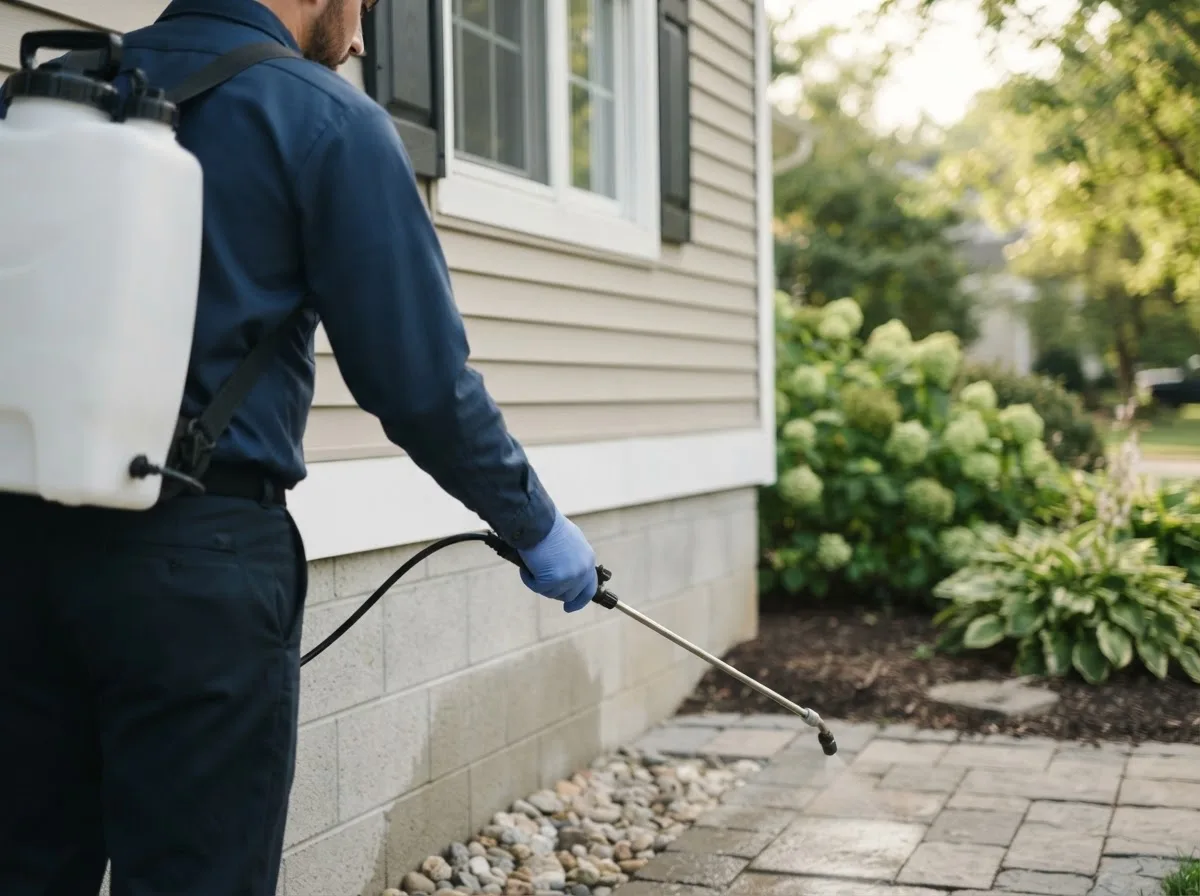 Pest control technician inspecting a home in Cynthiana, IN